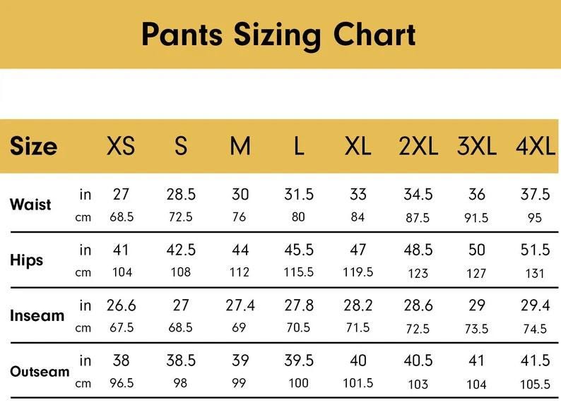 May include: A pants sizing chart with measurements in inches and centimetres. The chart includes sizes XS to 4XL, detailing waist, hips, inseam, and outseam measurements. The waist measurements range from 68.5 cm to 95 cm.