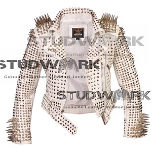 Handmade White Brando Belted Leather Jacket Silver Spike Studded Leather white Brando Jacket Spiked Women Leather Jacket Ladies Biker Jacket