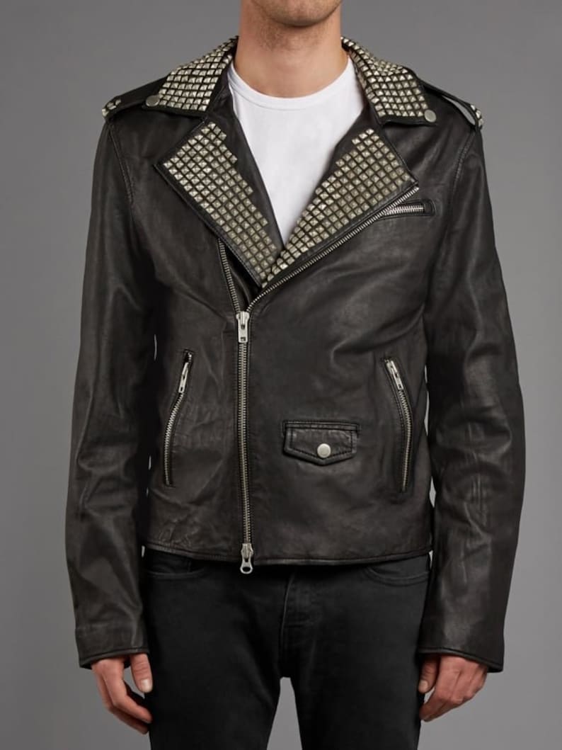 New Mens Silver Studded Collar Leather Jacket Steam Punk Spiked Brando Zipper Leadstyle Studwork Handmade