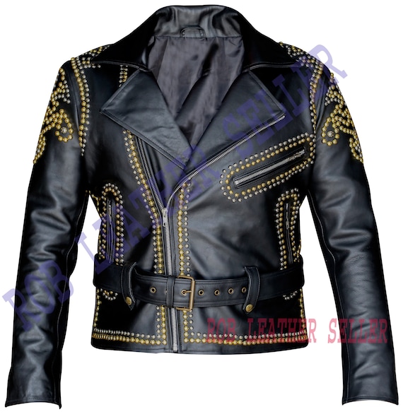 レザージャケット・コート Gold Leather Short Biker Jacket Men Black Brando Belted Leather Jacket Golden Studded
