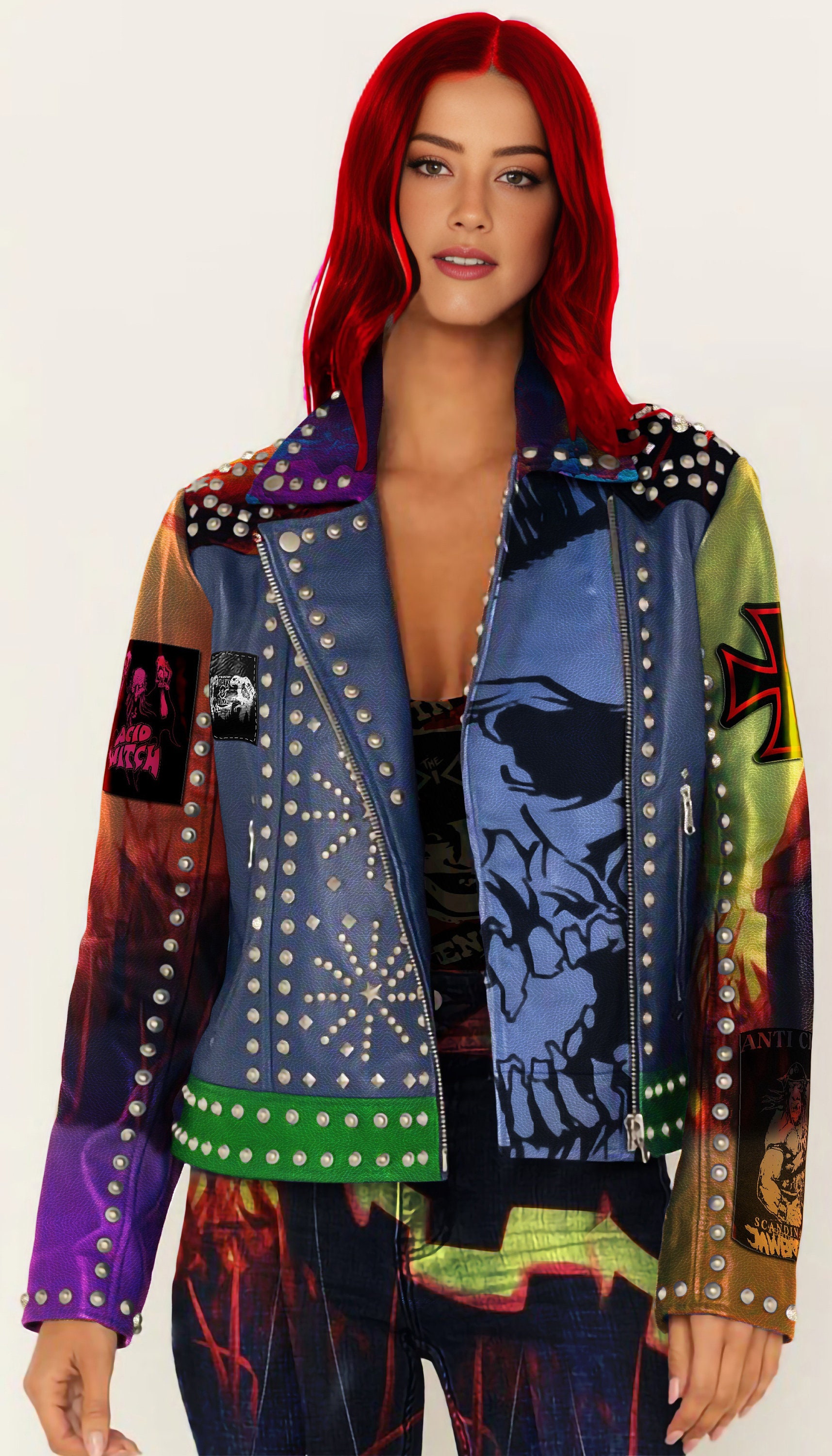 PUNK短丈レザージャケット(※購入既に確定してます) 手作りのマルチカラーレザーパンクモトジャケット – パッチとスタッズ