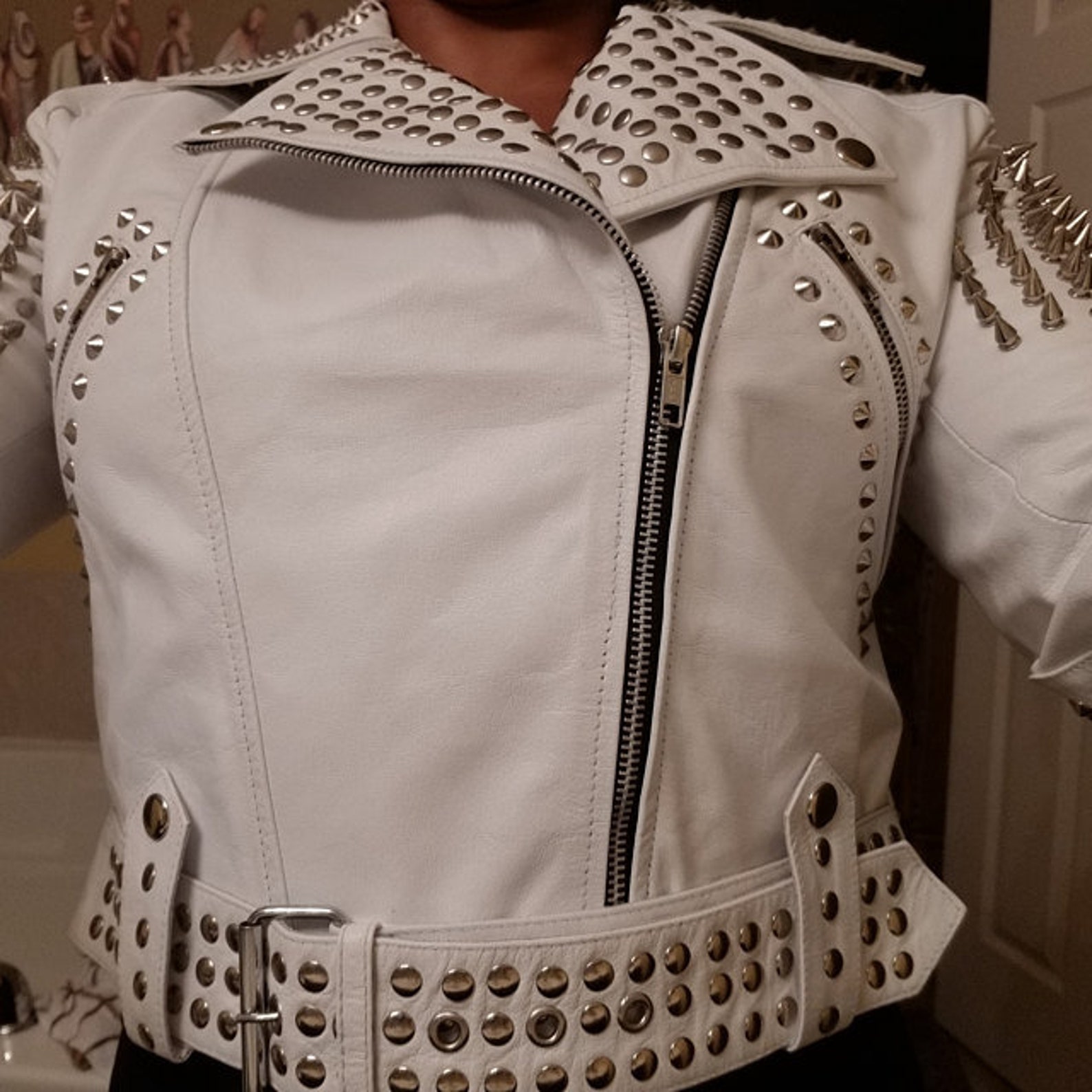 White Studded Leather Jacket (M)