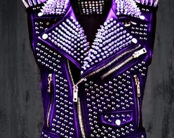 Amethyst Rebellion Women’s Deep Purple Sleeveless Jacket Punk Vest Spiked Shoulders & Riveted Gothic Collar