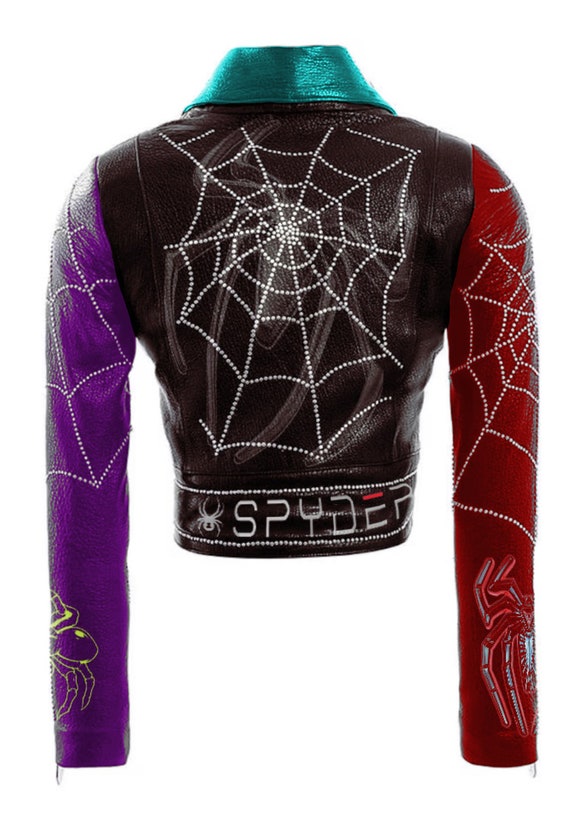 Women Cobweb Studded Leather Jacket Spider Web Multicolor Leather