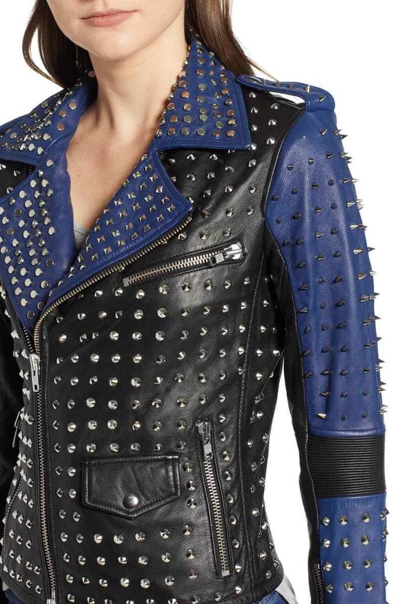 Women Blue Studded Jacket, Women's Two Tone Blue Black Blue Contrast Genuine Leather Silver Spike Studded Jacket Studded Biker Zipper Jacket