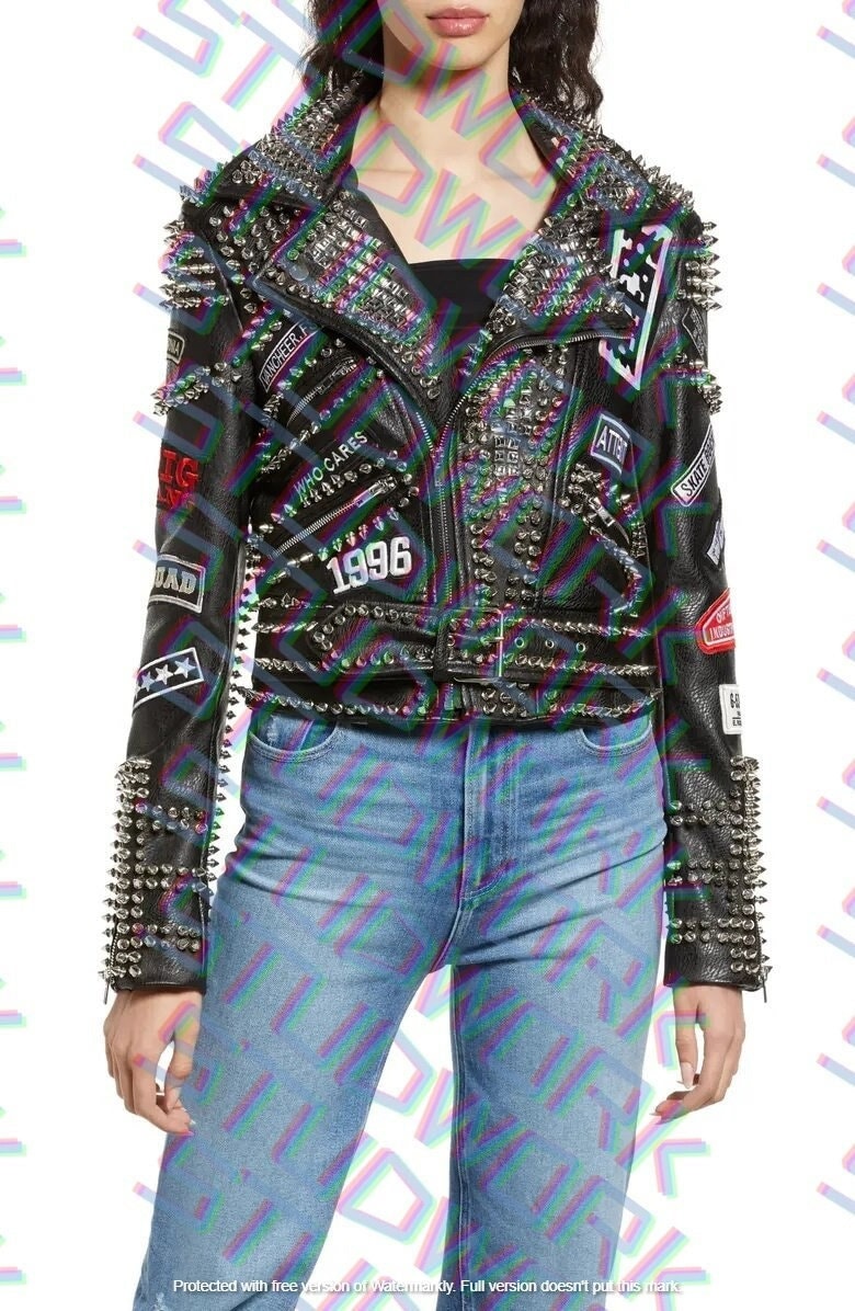 スタッズ　革ジャン　パンク　イギリス レディースパンクヘビースタッズパッチジャケット、ハンドメイドバイク