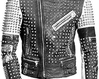 Heavy Metal Studded Jacket, Moto Racers Leather Jacket, Handmade Punk Fashion Jacket, Men's Stylish Steampunk Silver Studs Jacket,