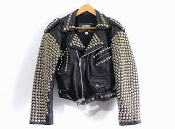 New Women Black Full Silver Cone Studded Zippered Style Leather Jacket All Size