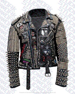 Giacca Da Motociclista Brando In Vera Pelle Nera Con Borchie Dorate, Stile Punk Rock