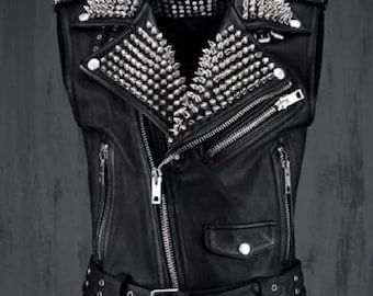 VEST JACKET HANDMADE Men Black Punk Silver Long Spiked Studded Leather Buttons Up Vest Silver Studs and Spikes Black Leather Studs Spike