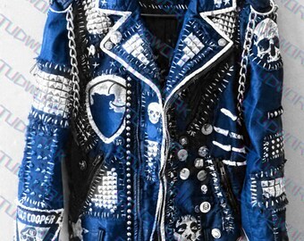 Suburban Venom Men’s Blue Punk Rock Jacket with Alice Cooper Patches, Pyramid Studs & Chain-Draped Sleeves