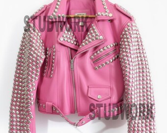 Fashion Velvet Pink Pure Calf Leather Silver Studs and Zippers