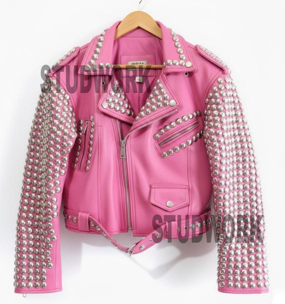 Fashion Velvet Pink Pure Calf Leather Silver Studs and Zippers