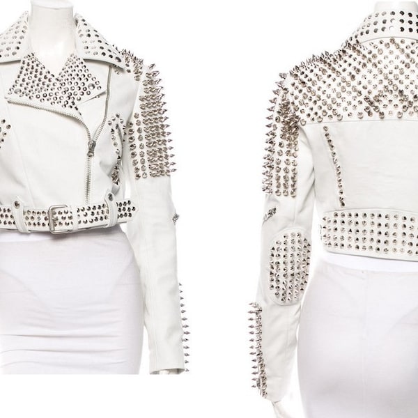 Handmade White Studded Leather Jacket Women Customized Made to Order Women's Silver Studded Genuine Leather Jacket Women White Spiked Jacket