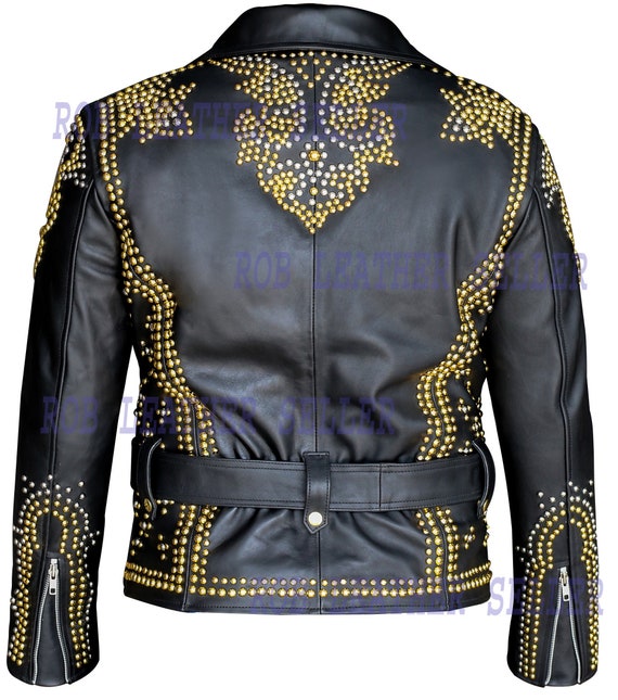 Golden Black Brando Belted Leather Jacket Golden Studded Leather Jacket Women Leather Jacket Ladies Biker Jacket Golden Pine Studs Design