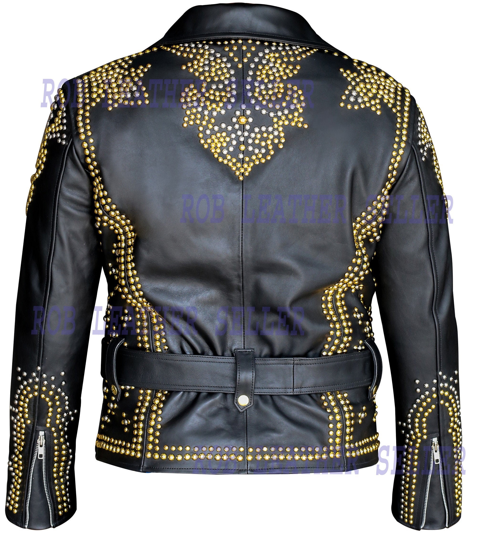 Black leather jacket with gold studs best sale