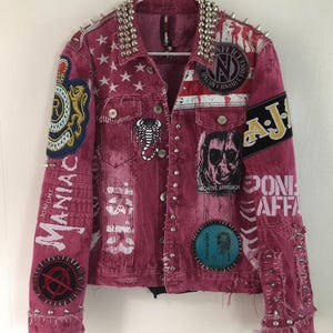 Denim Men’s Pink Punk Jacket with Spikes Patches and Painted Graphics Handmade Statement Wear