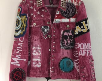 Denim Men’s Pink Punk Jacket with Spikes Patches and Painted Graphics Handmade Statement Wear