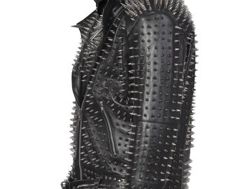 Men SPIKED Studded BLACK Leather Jacket Brando Full Steampunk