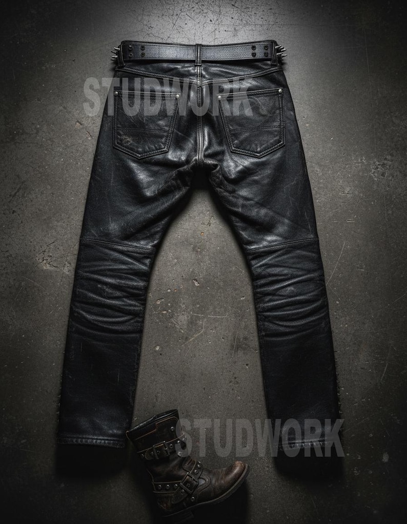 May include: Black leather pants with a matching belt featuring silver studs. The pants have a classic five-pocket design and are paired with a brown leather boot with multiple buckles. The word "STUDWORK" is printed on the image.