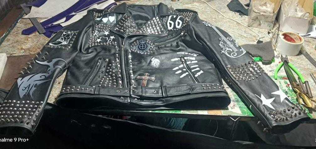 Men's Black Leather Jacket With Silver Studs, Patches of