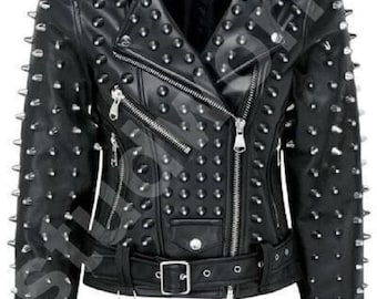 Biker's Conical Studs Shoulder Epaulets Women's Handmade Gothic Leather Steampunk Waist Belt Jacket