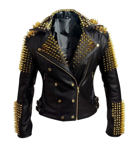 レザージャケット・コート Golden  Black Leather Biker Jacket Golden  Woman Golden Goose Golden Distressed Leather Jacket with Crystals