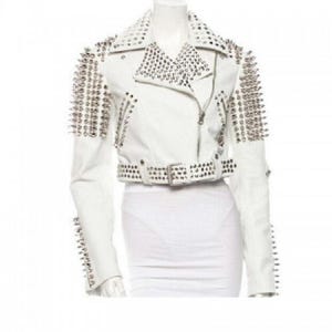 Handmade White Studded Leather Jacket Women Customized Made to Order Women&#39;s Silver Studded Genuine Leather Jacket Women White Spiked Jacket