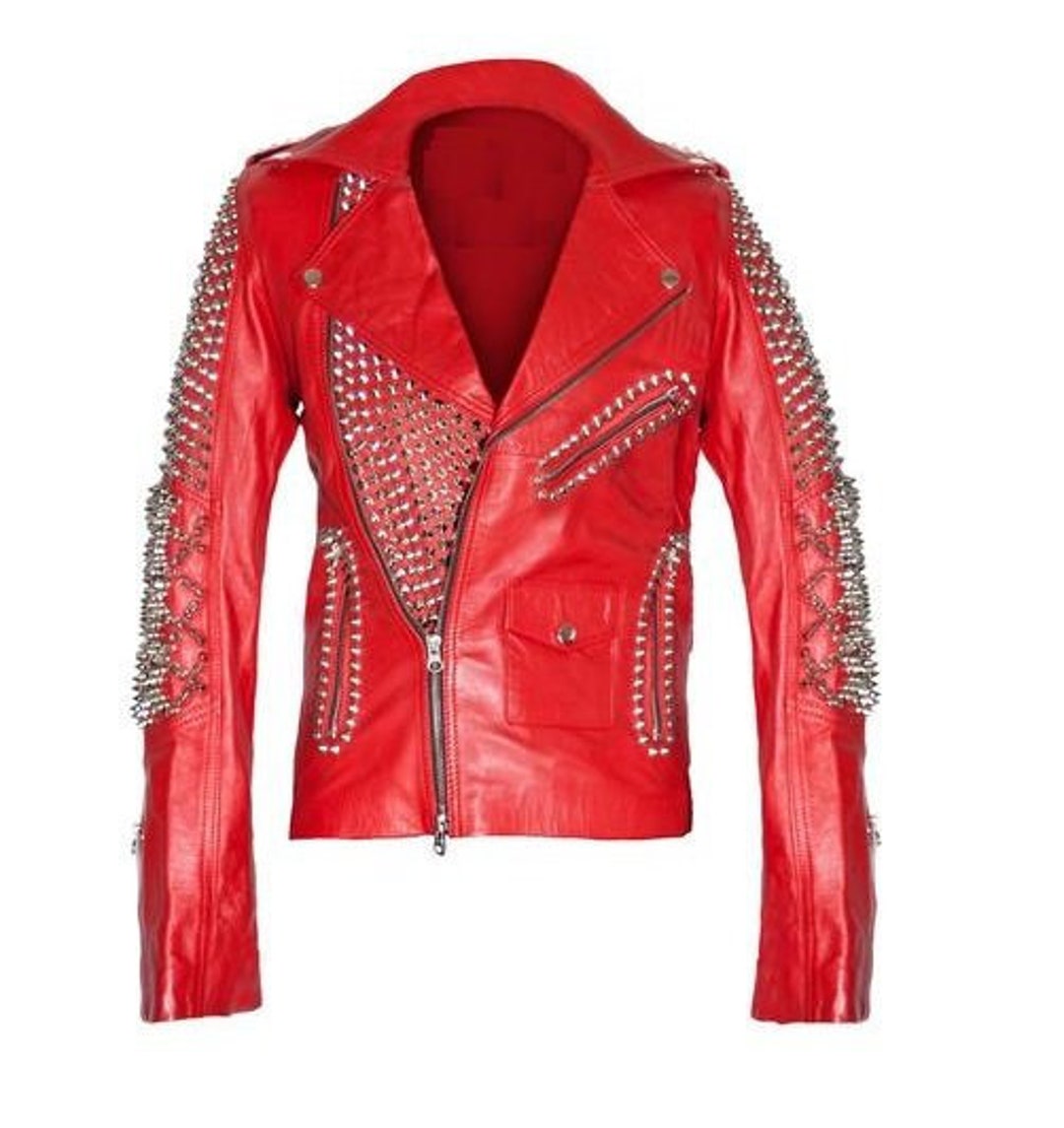 Men Silver Studded Jacket Red Punk Silver Long Spiked Red - Etsy