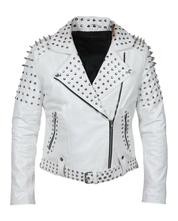 Customized Women S White Brando Style Belted Leather Silver Spike Studded Slim Fit Jacket Spiked Las Biker