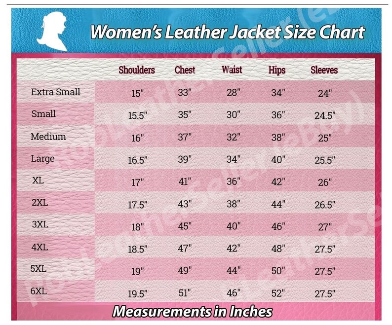 May include: A size chart for women's leather jackets, showing measurements in inches for shoulders, chest, waist, hips, and sleeves. Sizes range from extra small to 6XL.