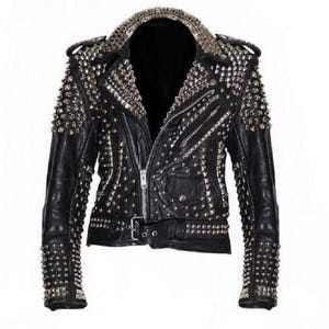 Herren Gothic Biker Lederjacke - Silberne Nieten, Brando Belted Moto Fit mit Spikes, Custom Handmade Fashion