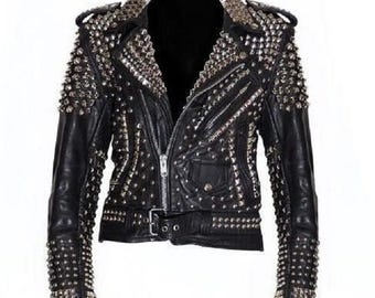 Men’s Gothic Biker Leather Jacket – Silver Studs, Brando Belted Moto Fit with Spikes, Custom Handmade Fashion