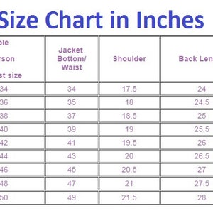 Puede incluir: Una tabla de tallas azul y blanca titulada "Men Size Chart in Inches". La tabla enumera las tallas de chaqueta de la XXS a la 4XL, con las medidas correspondientes de pecho, cintura, hombro, largo de espalda, largo de manga y pu&ntilde;o en pulgadas.