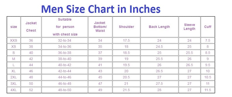 Puede incluir: Una tabla de tallas azul y blanca titulada "Men Size Chart in Inches". La tabla enumera las tallas de chaqueta de la XXS a la 4XL, con las medidas correspondientes de pecho, cintura, hombro, largo de espalda, largo de manga y pu&ntilde;o en pulgadas.