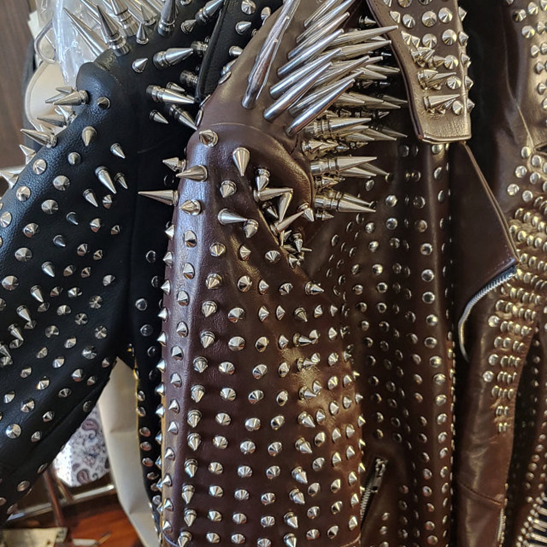 Rockers Mens Full Brown Punk Silver Long Spiked Studded Leather Brando ...