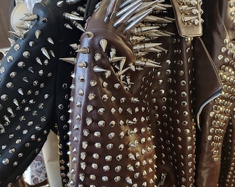 Rockers Mens Full Brown Punk Silver Long Spiked Studded Leather Brando Jacket