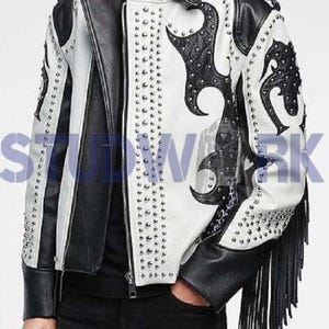 Two Tone Black Leather Jacket, White Cont Genuine Fringe Jacket Handmade Silver Metal Studded, Spectators Men Jacket, Western Jacket, Fringe