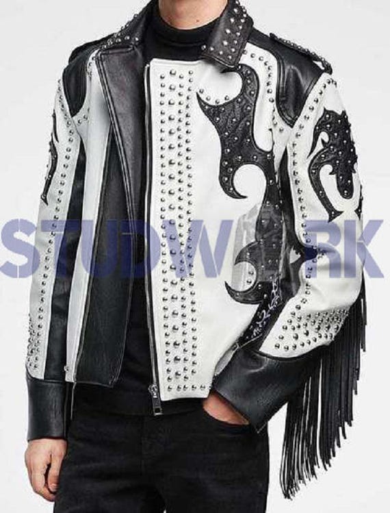 Two Tone Black Leather Jacket, White Cont Genuine Fringe
