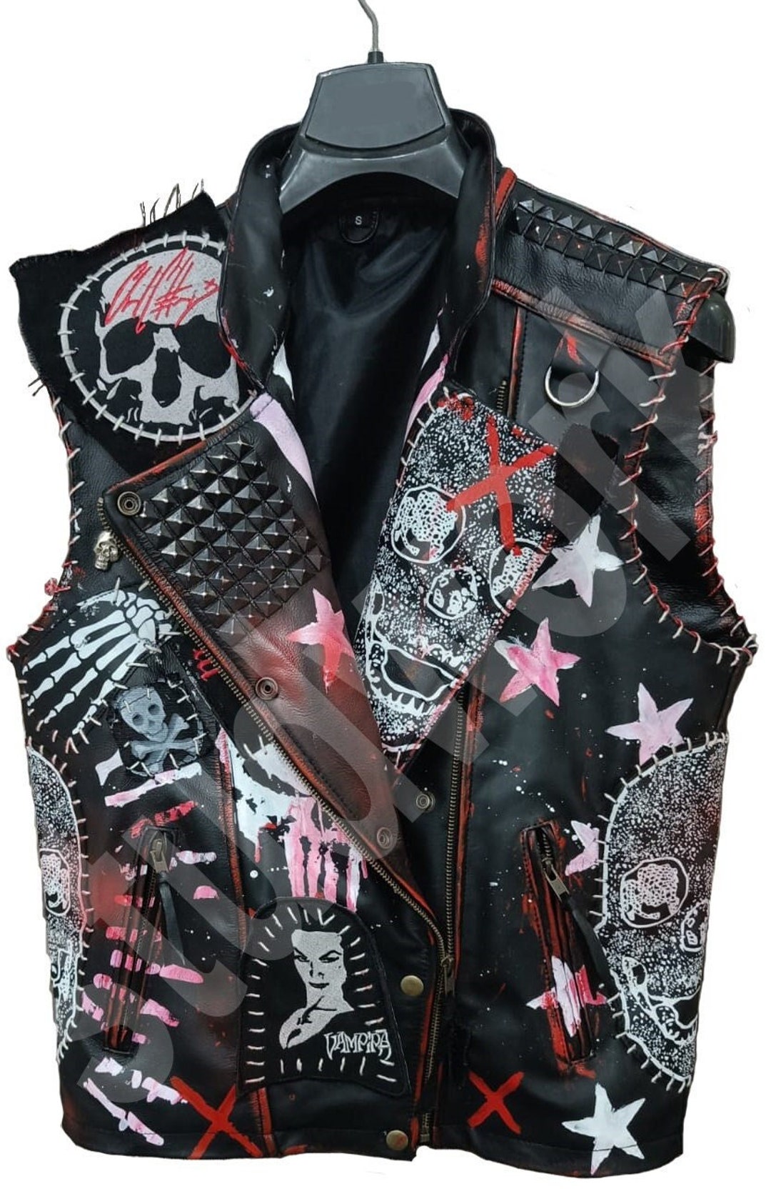 Men's Gothic Pyramid Black Studs Real Leather Punk Patches Handmade Biker's  Vest Sleeveless Jacket - Etsy Finland