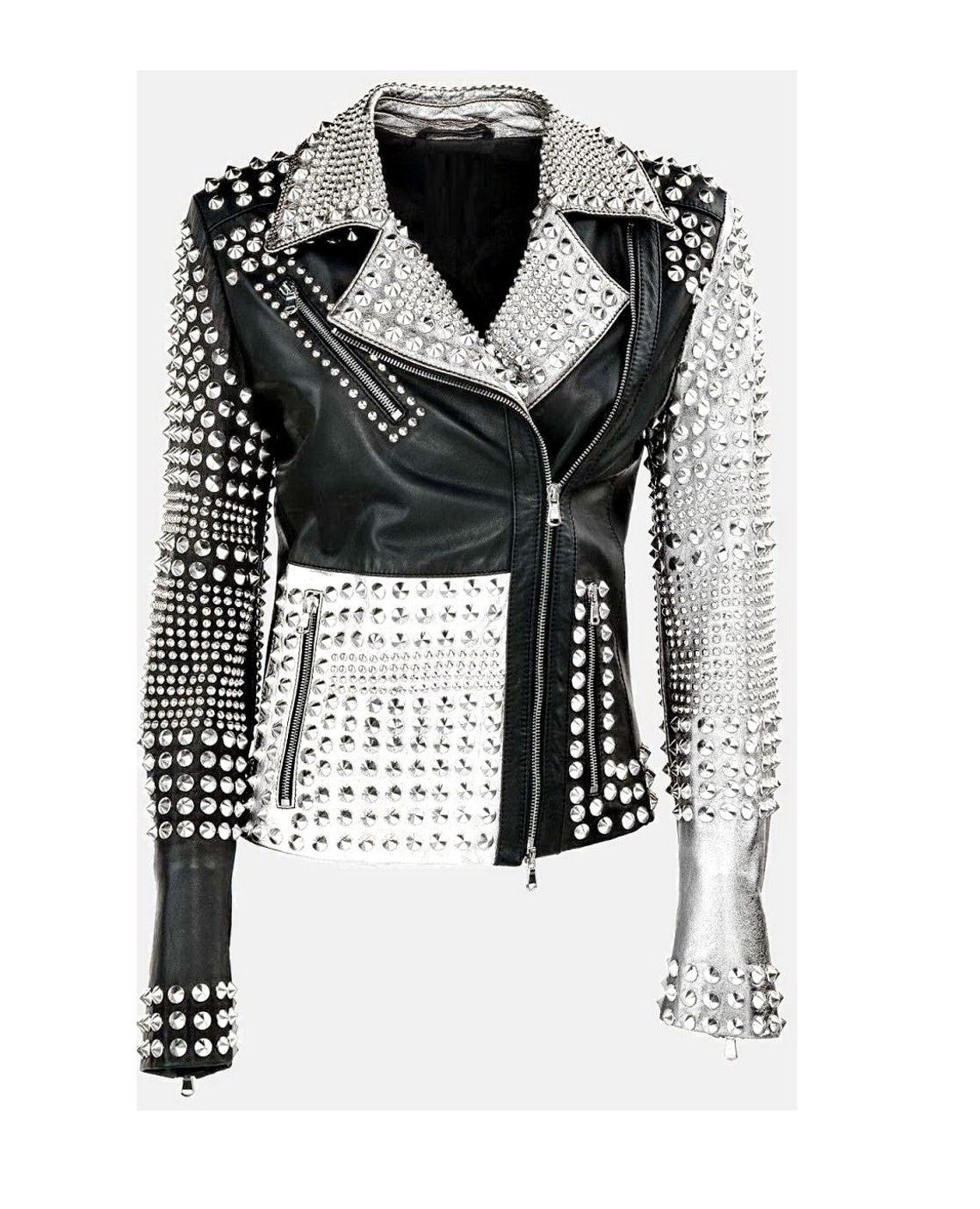 Women Studded Leather Jacket Silver Spiked Studs Coat Wear Etsy