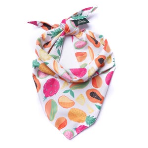 Puede incluir: Bandana blanca para perros con un colorido estampado de frutas. Presenta ilustraciones de papaya, mango, piña y fruta del dragón en tonos naranja, rosa y verde. La bandana está anudada en la parte superior, con una etiqueta pequeña que dice "Paws".