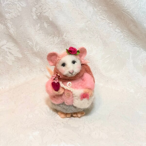 4" Mouse Girl in Pink Coat, Pink-cheeked Needle felted Wool Mouse Art Doll by Elsa Jo Ellison