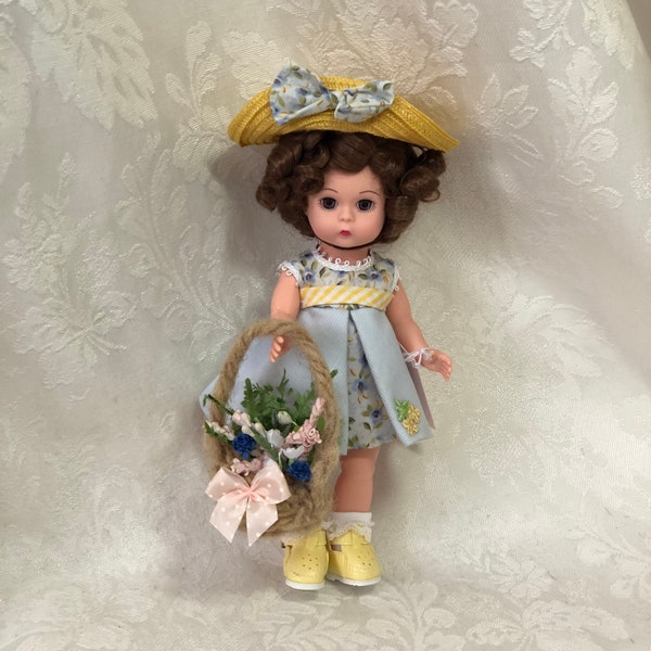 3"' Flower Basket for Wendy or other 8" Doll, Madame Alexander Doll, Pink Paper and Vintage flowers, Felted wool by Elsa Jo Ellison
