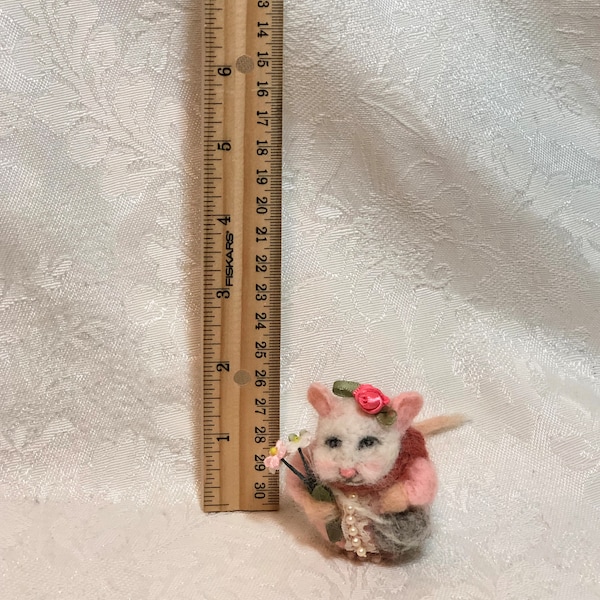 Tiny 2.5" Needle felted Mohair Mouse Art Doll in Pink with Forget-me-not bouquet by Elsa Jo Ellison