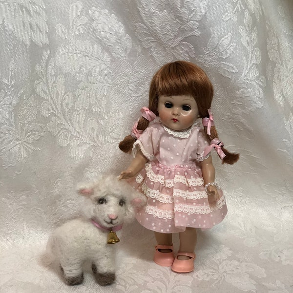 3.5" White Spring Lamb sized for 7-8" dolls like Ginny or Madame Alexander Wendy, Standing Sheep with Bell, felted wool by Elsa Jo Ellison