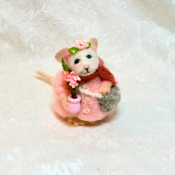 4" Mouse Girl in Pink Coat, Pink-cheeked Needle felted Wool Mouse Art Doll by Elsa Jo Ellison