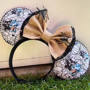 Halloween-Mausohren | Spinnennetz Crossover Stirnband | Stitch Inspiriert als Skeleton King & Sally Doll Minnie Ears verkleidet