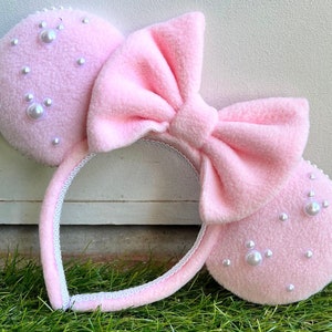 Fluffy Pink Plush or Blue Plush Princess Mouse Ears Super Soft with Pearls Headband Minnie Ears