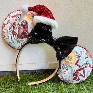 Nightmare-Inspired Park Hearband Jack and Sally Sandy Claws Christmas Halloween Holiday Minnie Mouse Ears and Santa Hat or Santa Bow